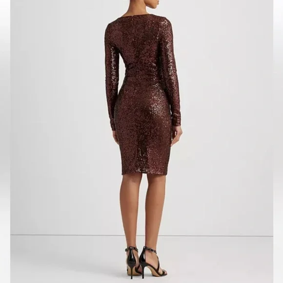 Lauren Ralph Lauren nwt gold sequin cocktail long sleeve dress size 2 small - Picture 3 of 5